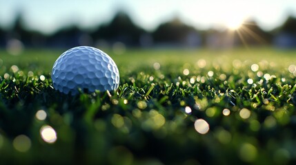 A close-up of a golf ball on a tee with the driving range in the background, the scene highlighting the ball's placement and the activity of golfers practicing in the distance