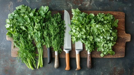 Wall Mural - Assortment of Fresh Green Herbs on Wooden Cutting Board