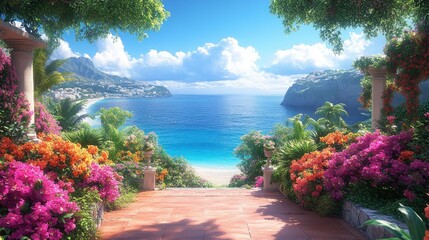 Serene coastal view with vibrant flowers and clear blue water.