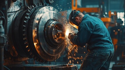 Industrial style, welder repairing heavy machinery, powerful and gritty, precise and methodical, medium angle, welder working on large machinery components, grease and tools scattered around, ambient