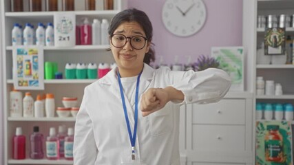 Canvas Print - Pharmacist in uniform, young hispanic woman with surprised happy face pointing finger with number one idea in pharmacy, questioning expression