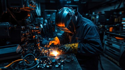 Realistic industrial style, welder in full safety gear, industrial environment, robust and focused, secure and methodical, wide angle, welder surrounded by heavy machinery and tools, harsh industrial