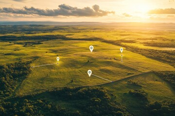 aerial view of a green field with location pins and connected lines, set against a sunset sky.