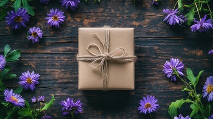 Sticker - Serene Floral Gift Box on Rustic Wooden Background