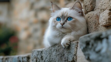 A white cat with blue eyes sits on a stone wall, looking off to the side.