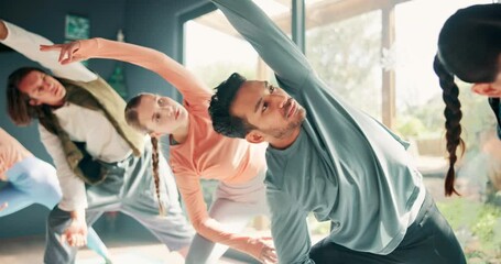 Poster - Yoga class, stretching and group on floor for zen, wellness and balance of body and mind. Calm, pilates and yogi people with exercise for flexibility, health and blood flow increase in studio.