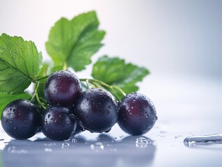 Fresh Blackcurrant Berries with Water Drops and Green Leaves on White Background