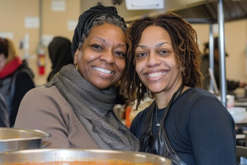 Two cheerful Black women serving healthy food together in a community kitchen, promoting wellness and nutrition