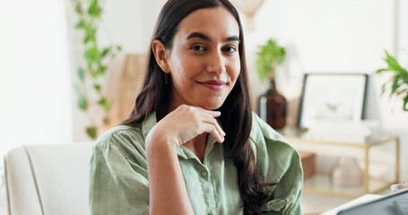 Poster - Face, laptop and remote work with business woman in home office to research startup information. Computer, portrait and web development with freelance employee in apartment for online design