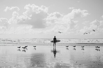 Poster - silhouette of a person on beach with surfboard