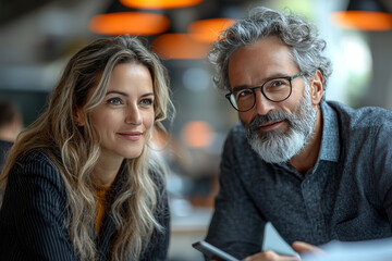 Wall Mural - A man and a woman look at a tablet together.