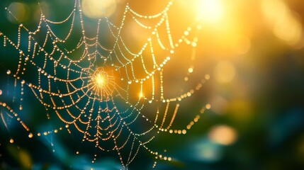 Dew-Covered Spider Web Glowing in the Sunlight