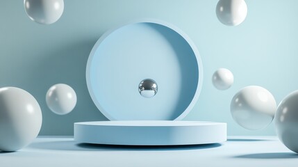 17. Dynamic product display with a futuristic design, featuring levitating balls of various sizes above a modern podium. The abstract background, combined with floating elements, creates a visually