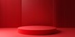 © Lucy - 3D render of a red podium with a round platform in the center, designed as an empty space mockup for product presentation. The vibrant red background adds a striking contrast to the minimalistic scene