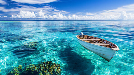 Wall Mural - clear blue water tropical paradise with boat in the maldives