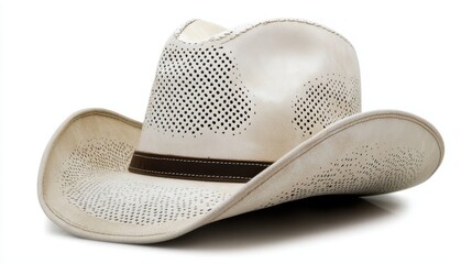 Wall Mural - White Perforated Cowboy Hat Isolated on White Background