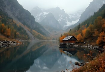  Tranquil Autumn Retreat, A Serene Lakeside Cabin Surrounded by Golden Foliage and Majestic Mountain Backdrop