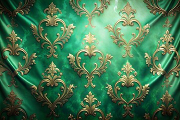 Close-up of emerald green and gold damask pattern fabric