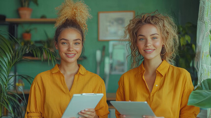 Two young women in yellow shirts smiling while holding tablets.