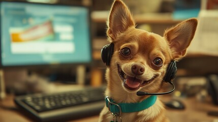 A cheerful dog wearing a headset in an office setting, showcasing the playful side of remote work and pet companionship.