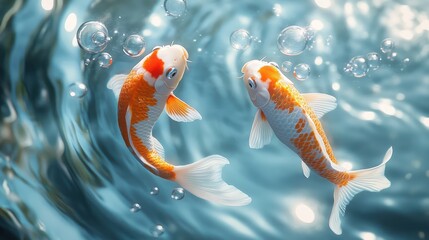 two orange and white koi fish swimming in a circular pool of water with bubbles on the bottom of the water