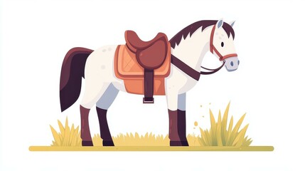 Poster - Vibrant cartoon of a purebred horse, poised for riding training, perfect for hippotherapy sessions at a ranch.