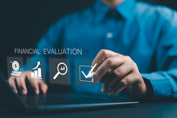 Aufkleber - Financial evaluation concept. Businessman using laptop financial evaluation icon on virtual screen for analysis business financial report.