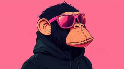 A bored monkey in a flat style wears a hoodie and neon sunglasses, exuding a quirky, modern vibe.