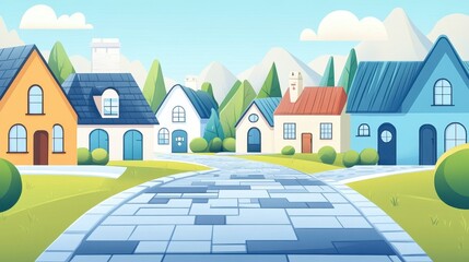 Canvas Print - A lovely cobblestone path meanders through a picturesque village filled with charming homes and vibrant greenery.