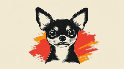 Adorable Chihuahua puppy in a black outline against a beige backdrop, featuring vibrant graphics with a touch of red.