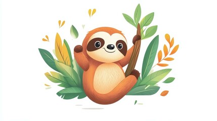 Canvas Print - A charming cartoon sloth dangles playfully from a branch, set against a clean white backdrop with fun textures.