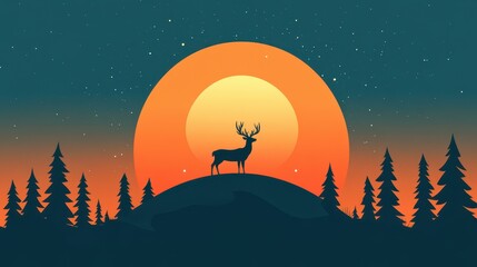 Poster - A serene deer perches on a hill, gazing at the vibrant horizon as the moon casts its glow over the forest.