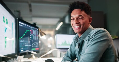 Wall Mural - Face, technology and man in office at night for analysis of bull market in stocks for investment. Happy, computer and financial trader from Peru reading volatility of foreign currency for dividend.