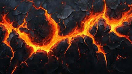 Fototapete - Molten Lava Flowing Through Cracked Black Rock