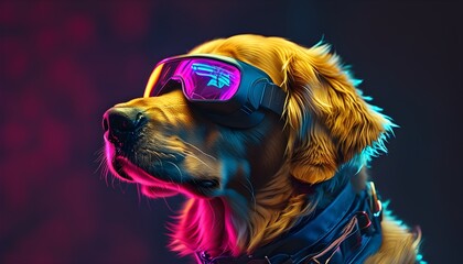 Wall Mural - Futuristic golden retriever in neon-lit environment with high-tech goggles, blending pet technology and canine fashion in a sci-fi inspired scene.