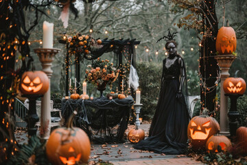 Wall Mural - A person carving a large pumpkin into a spooky jack-o'-lantern for Halloween. The vibrant orange cucurbita gourd sits on a table surrounded by fall decorations.