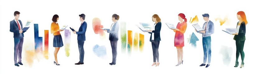 Watercolor Illustration of Business People Analyzing Data and Charts