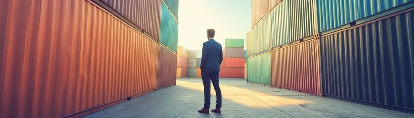 Businessman Standing Between Shipping Containers  Global Trade  Logistics  Import Export