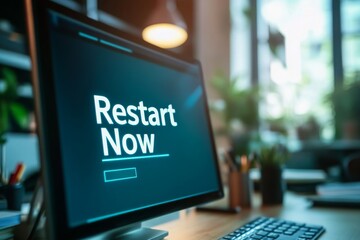 Fototapete - Computer Screen Displaying 'Restart Now' Message