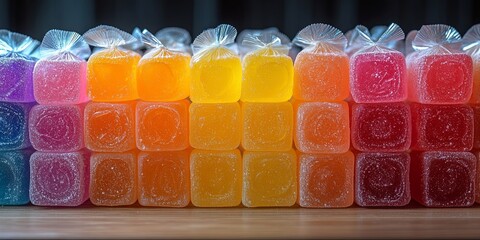 Wall Mural - A Colorful Array of Jelly Candies in Individual Packages, Arranged in a Row on a Wooden Surface