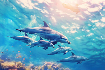 Bottlenose dolphin swimming gracefully amidst a vibrant coral reef, showcasing its sleek fin and lively marine presence.