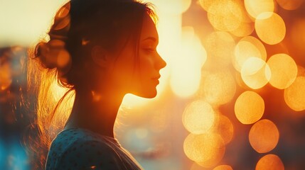 Wall Mural - Woman silhouetted against a glowing sunset with bokeh lights.