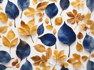 Poster - Golden and blue tree leaves on white background.