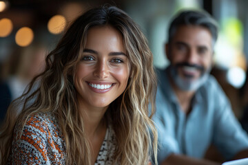 Canvas Print - A young woman with long wavy hair smiles broadly as she sits with a man in the background.