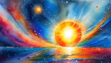 Wall Mural - Radiant cosmic abstract watercolor art featuring a vibrant sun, evoking the essence of celestial bodies and the energy of outer space