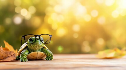 Wall Mural - Cute Turtle Wearing Glasses on Wooden Surface with Bokeh Background