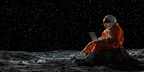 an astronaut seated on the moon, using a laptop amidst a starry backdrop, showcasing technology in s