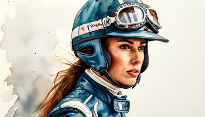 Sticker - Dynamic watercolor portrayal of a female jockey in racing gear, embodying the spirit of equestrian sports and determination in horse racing