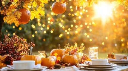 Poster - Autumn Thanksgiving Table Setting with Pumpkins and Fall Foliage