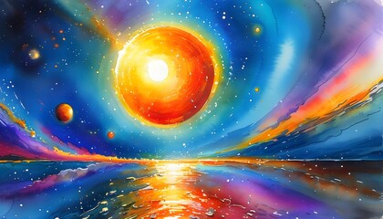 Wall Mural - Radiant cosmic abstract watercolor art featuring a vibrant sun, evoking the essence of celestial bodies and the energy of outer space